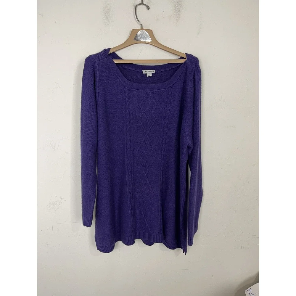 Catherines Womens Sweater 2X‎ Purple Cable Knit Jewel Tone Winter Cozy Stretch